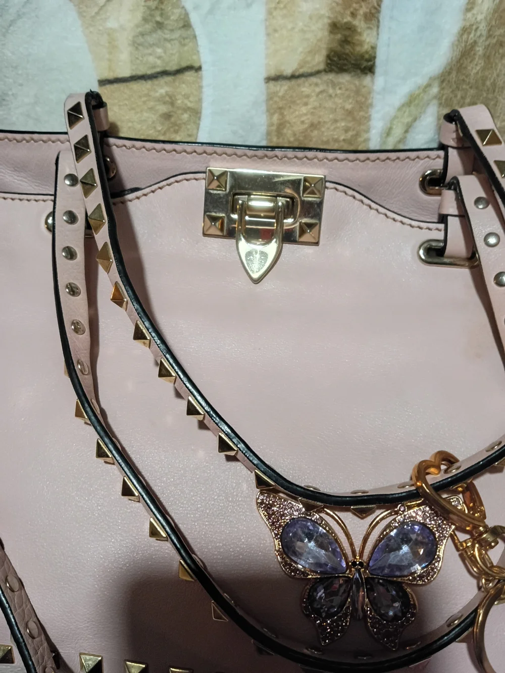 Valentino Garavani Pale Pink Leather Shoulder Bag with Gold Rockstuds